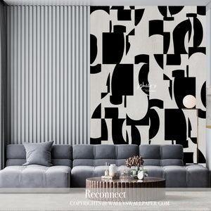 Abstract shapes in Black and white wallpaper in front of grey sofa best wallpaper quality and Middle East 
