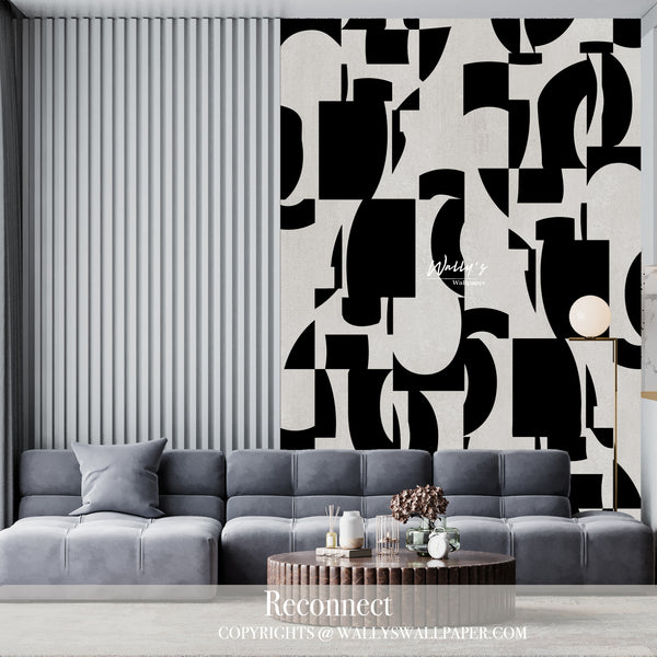 Abstract shapes in Black and white wallpaper in front of grey sofa best wallpaper quality and Middle East