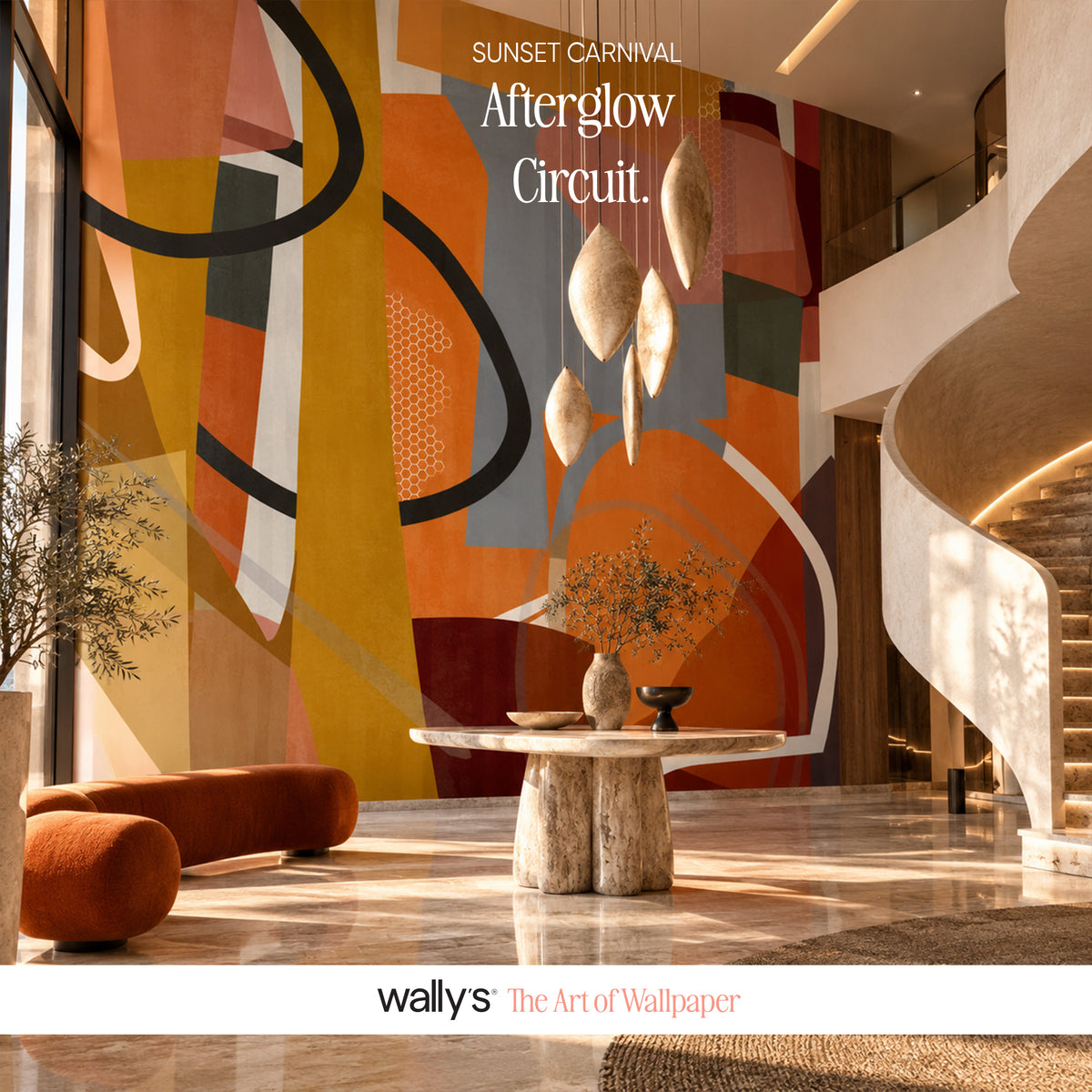 A modern interior lobby with a large abstract wall mural as the focal point. The mural features bold geometric shapes in orange, mustard yellow, gray, black, and white.