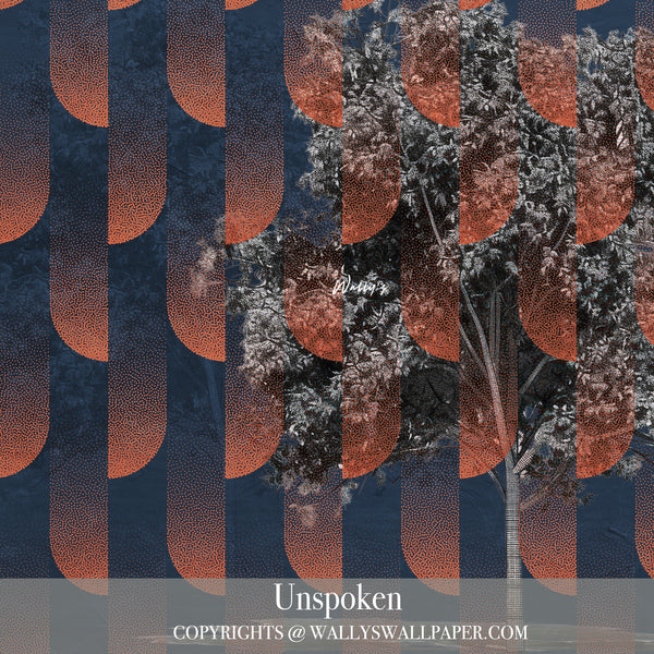 Abstract burnt orange wallpaper with black and grey tree illustration and layered geometric patterns from Wally’s “Between Us” collection.