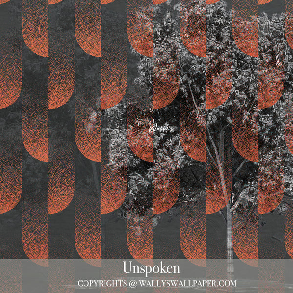 Abstract burnt orange wallpaper with black and grey tree illustration and layered geometric patterns from Wally’s “Between Us” collection.