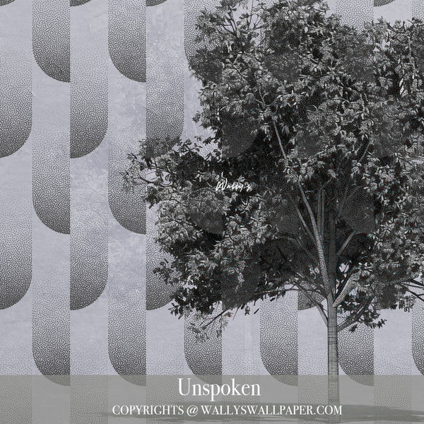 Abstract burnt orange wallpaper with black and grey tree illustration and layered geometric patterns from Wally’s “Between Us” collection.