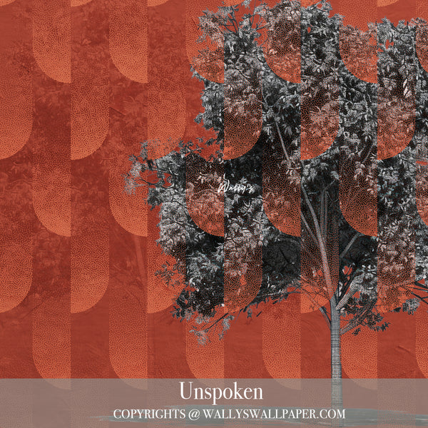 Abstract burnt orange wallpaper with black and grey tree illustration and layered geometric patterns from Wally’s “Between Us” collection.