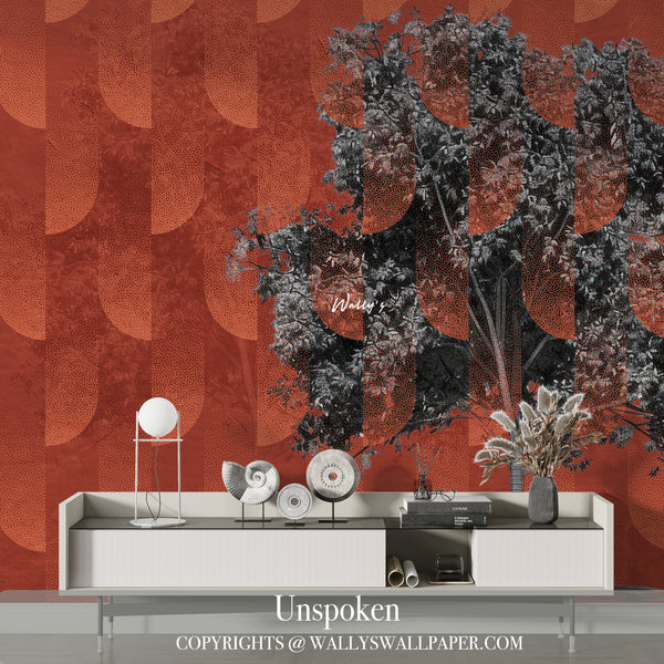 Abstract burnt orange wallpaper with black and grey tree illustration and layered geometric patterns from Wally’s “Between Us” collection.