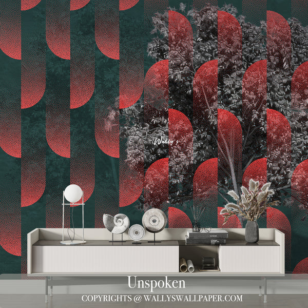 Abstract burnt orange wallpaper with black and grey tree illustration and layered geometric patterns from Wally’s “Between Us” collection.