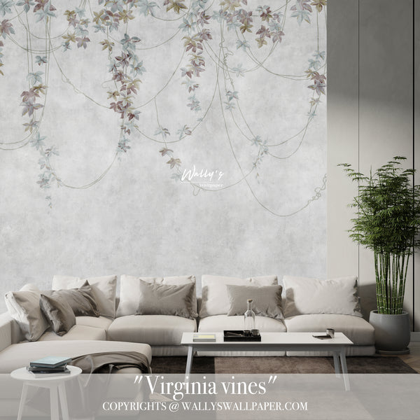 Maple leaves on Grey background wallpaper in front of Grege sofa ,Modern wallpaper, custom wall wallcovering ,best wallpaper in Egypt , Saudia Arabia, Middle East