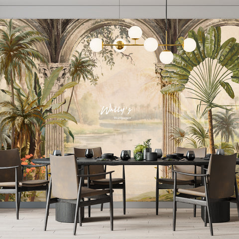 wallpaper of old arches with palm trees and landscape background in front of modern dining, colors Green , Yellow, beige, brown also sepia , black and white , best wallpaper quality in Egypt and Middle East 