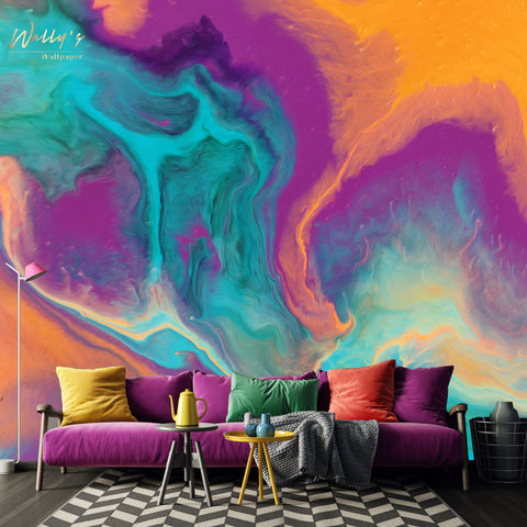 wallpaper of mixed colors ,purple,Orange, turquoise, Fuchsia in front of sofa best wallpaper quality in Middle East 