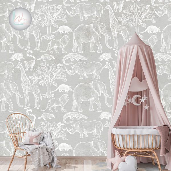 Pattern of wild animals in a sketchy way color Kashmir, pink, blue, white,Mint in a nursery room , perfect for home decor and kids rooms best wallpaper quality in Middle East , Egypt 