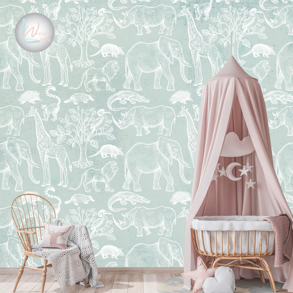 Pattern of wild animals in a sketchy way color Kashmir, pink, blue, white,Mint in a nursery room , perfect for home decor and kids rooms best wallpaper quality in Middle East , Egypt 
