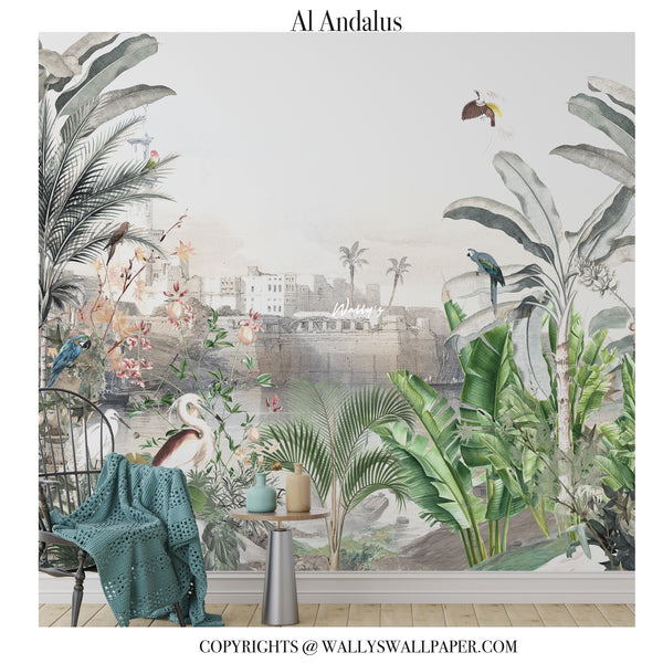 A large wall mural featuring a tropical Andalusian landscape with palm trees, birds, flowers, and a distant bridge over water, shown installed on an interior wall above a chair and small table.