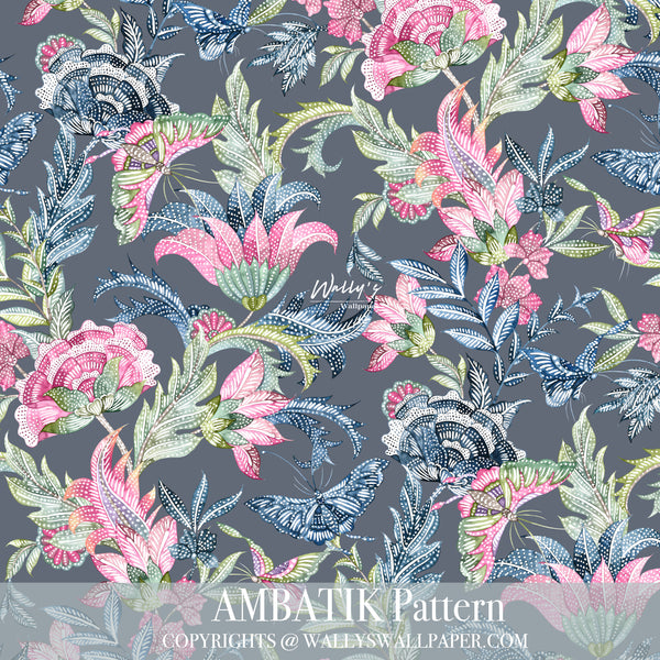 Roll wallpaper of pattern am batik Flowers in pink and blue and green , Butterflies , perfect wallpaper, custom wallpaper, best wallpaper in Egypt, wall covering Dubai , Saudia Arabia 