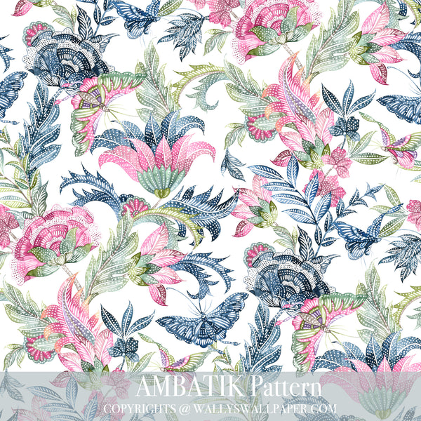 Roll wallpaper of pattern am batik Flowers in pink and blue and green , Butterflies , perfect wallpaper, custom wallpaper, best wallpaper in Egypt, wall covering Dubai , Saudia Arabia 