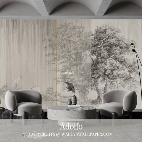 Stylish living room with Adolfo wallpaper featuring white flamingos and a vintage tree in soft grey, greige, and beige tones, enhanced by gold rope accents, creating a classic and elegant ambiance.