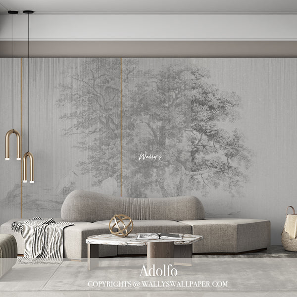 Stylish living room with Adolfo wallpaper featuring white flamingos and a vintage tree in soft grey, greige, and beige tones, enhanced by gold rope accents, creating a classic and elegant ambiance.