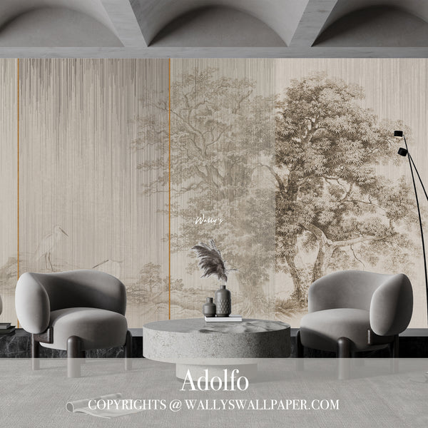 Stylish living room with Adolfo wallpaper featuring white flamingos and a vintage tree in soft grey, greige, and beige tones, enhanced by gold rope accents, creating a classic and elegant ambiance.