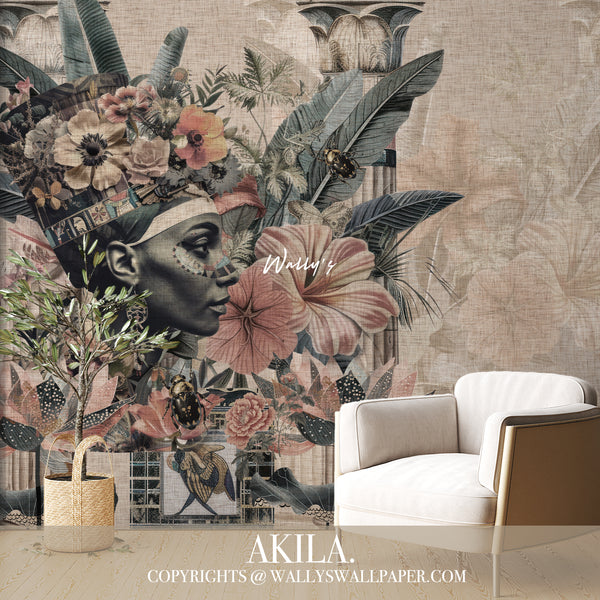 Discover the "Akila" wallpaper design, merging ancient Egyptian artistry with modern floral elegance. Available in deep green, grey, beige, and pale colors—perfect for any room's interior decor.