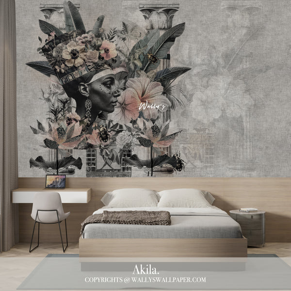 Discover the "Akila" wallpaper design, merging ancient Egyptian artistry with modern floral elegance. Available in deep green, grey, beige, and pale colors—perfect for any room's interior decor.