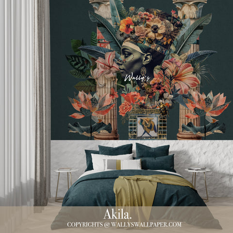 Discover the "Akila" wallpaper design, merging ancient Egyptian artistry with modern floral elegance. Available in deep green, grey, beige, and pale colors—perfect for any room's interior decor.