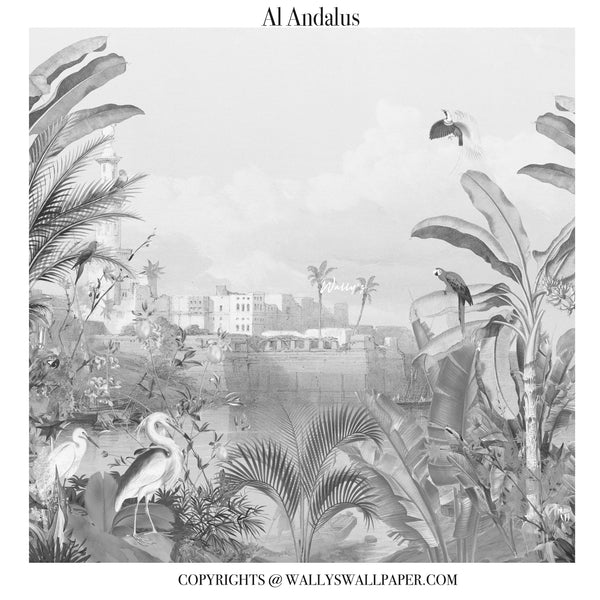 Black and white wallpaper design featuring a tropical landscape with palm trees, herons, a parrot, and distant buildings under the text 'Al Andalus'.