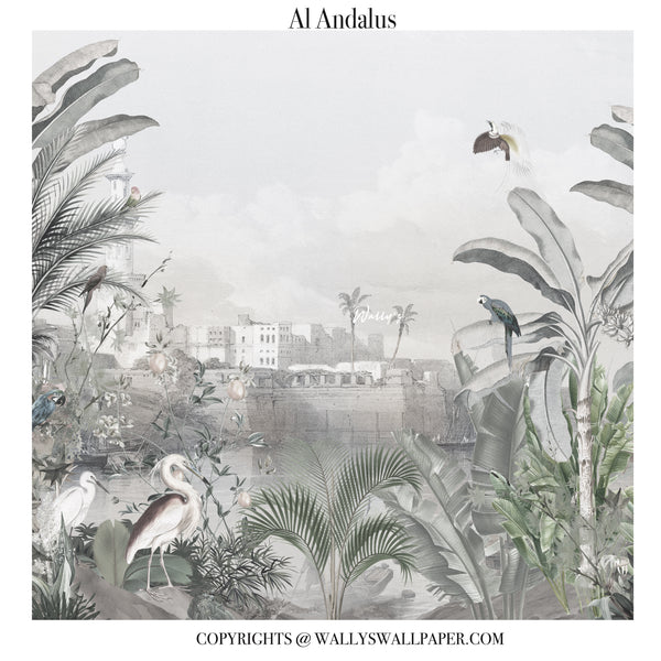 Al Andalus wallpaper design featuring a botanical and architectural scene in muted gray, green, and beige tones, with birds, tropical leaves, and distant buildings. Text at the top reads 'Al Andalus' and copyright text at the bottom references Wally's Wallpaper.