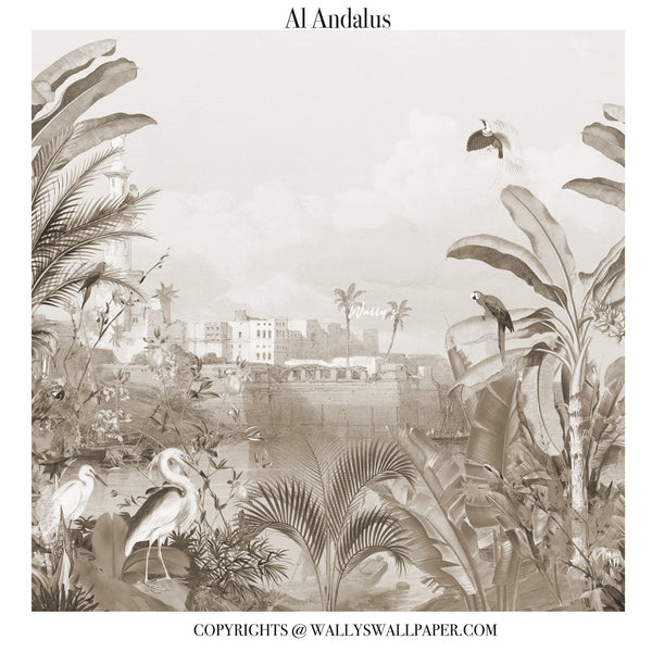 Al Andalus wallpaper design featuring a botanical and architectural scene in muted gray, green, and beige tones, with birds, tropical leaves, and distant buildings. Text at the top reads 'Al Andalus' and copyright text at the bottom references Wally's Wallpaper.