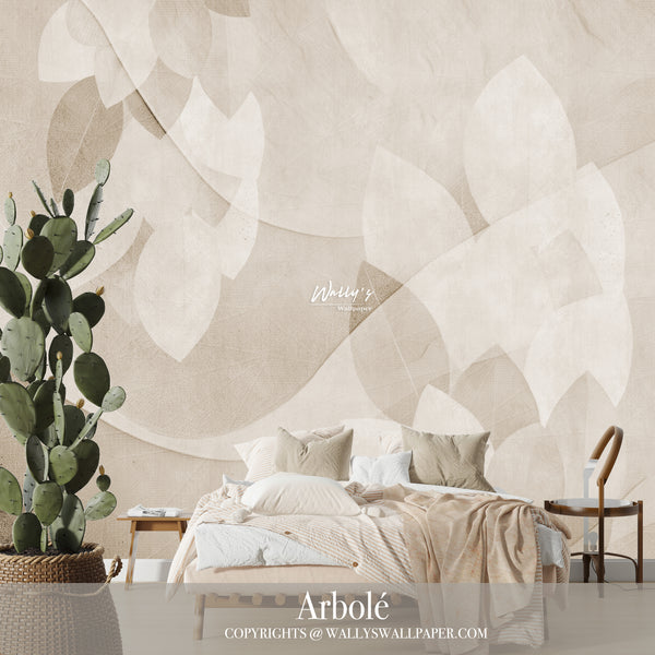 A wallpaper design showcasing abstract leaves and shapes in pastel colors of pink and grey. This elegant design adds sophistication and charm to any space. Experience the best wallpaper quality in the Middle East. #WallpaperDesign #AbstractArt #PastelPalette #MiddleEast"