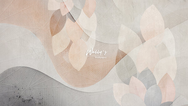 A wallpaper design showcasing abstract leaves and shapes in pastel colors of pink and grey. This elegant design adds sophistication and charm to any space. Experience the best wallpaper quality in the Middle East. #WallpaperDesign #AbstractArt #PastelPalette #MiddleEast"