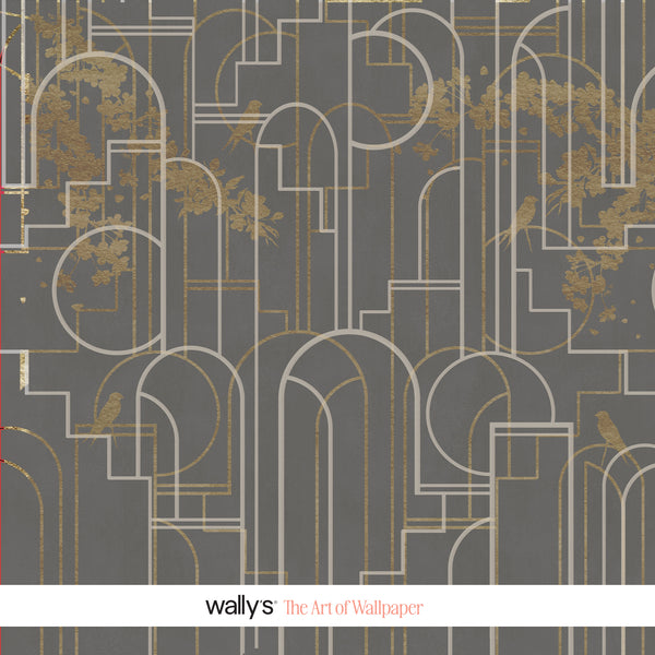 Wallys 'The Art of Wallpaper' pattern featuring a dark gray background with white architectural arches and gold leaf-like accents, presented as a product cover with a white banner at the bottom.