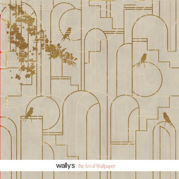Art deco style wallpaper pattern by wallys featuring beige and gold geometric arches, lines, and bird silhouettes, with a white band at the bottom reading 'wallys The Art of Wallpaper'.