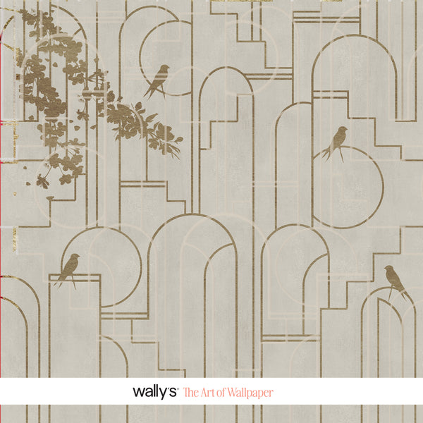 Wallys wallpaper featuring an elegant Art Deco geometric pattern with arches, lines, and small birds in muted gold and brown tones on a textured off-white background.