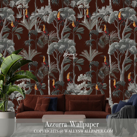 Tropical pattern go grey trees and parrots wallpaper in comes in a variety of colors like deep red and grey and yellow also all colors can be customized in front of sofa modern 