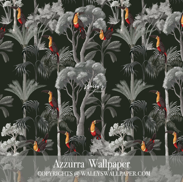 Tropical pattern go grey trees and parrots wallpaper  in comes in a variety of colors like deep red and grey and yellow also all colors can be customized in front of sofa modern 