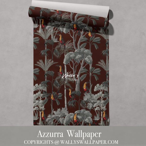 Tropical pattern go grey trees and parrots wallpaper in comes in a variety of colors like deep red and grey and yellow also all colors can be customized roll wallpaper best quality in Middle East 