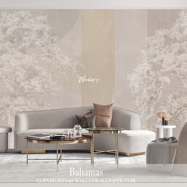 Discover the Bahamas wallpaper design, blending geometric shapes with lines and circles and featuring a vintage tree in soft pastel tones. Perfect for adding a serene, elegant touch to your interiors, this premium wallpaper is available in Egypt and the Middle East, offering the best in luxury wall decor. Transform your space today.