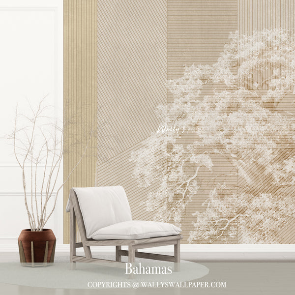 Discover the Bahamas wallpaper design, blending geometric shapes with lines and circles and featuring a vintage tree in soft pastel tones. Perfect for adding a serene, elegant touch to your interiors, this premium wallpaper is available in Egypt and the Middle East, offering the best in luxury wall decor. Transform your space today.