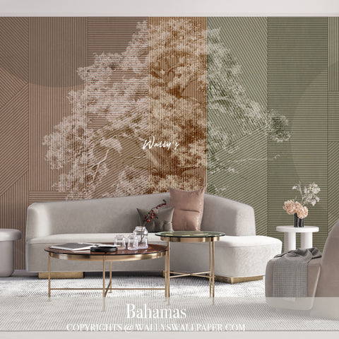 Discover the Bahamas wallpaper design, blending geometric shapes with lines and circles and featuring a vintage tree in soft pastel tones. Perfect for adding a serene, elegant touch to your interiors, this premium wallpaper is available in Egypt and the Middle East, offering the best in luxury wall decor. Transform your space today.