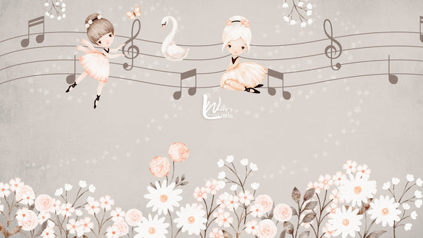 Cute ballerinas with a swan and some flowers and music 🎼 elements wallpaper suitable for kids rooms best wallpaper quality in Egypt and Middle East comes in 3 colors beige pink and white also colors can be customized