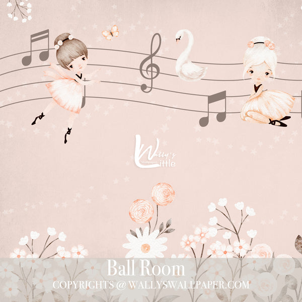Cute ballerinas with a swan and some flowers and music 🎼 elements wallpaper suitable for kids rooms best wallpaper quality in Egypt and Middle East comes in 3 colors beige pink and white also colors can be customized
