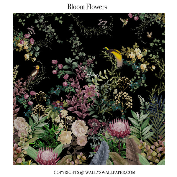 A floral wallpaper design titled 'Bloom Flowers' featuring a dense pattern of pink, yellow, and cream flowers with green foliage and small birds on a black background. The brand 'Wally's Wallpaper' is visible in the copyright text at the bottom.