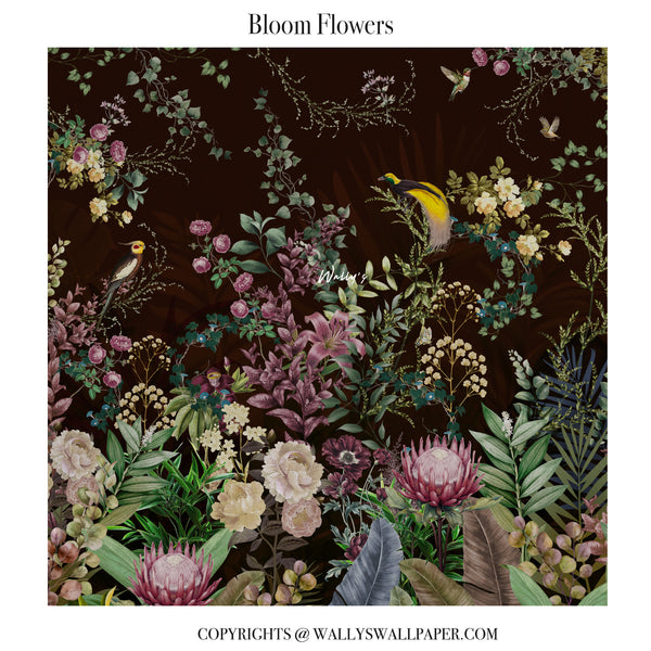 A floral wallpaper design titled 'Bloom Flowers' featuring a dense pattern of pink, yellow, and cream flowers with green foliage and small birds on a black background. The brand 'Wally's Wallpaper' is visible in the copyright text at the bottom.