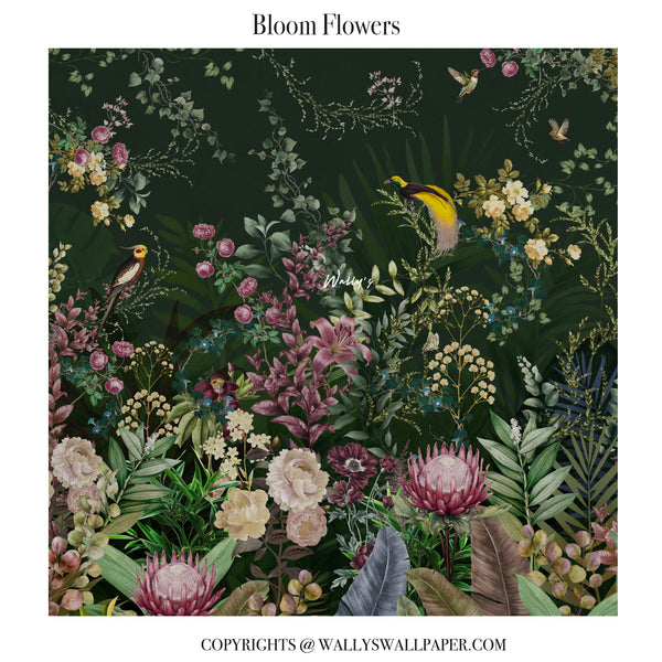 A square floral wallpaper design titled 'Bloom Flowers' featuring a dense botanical pattern with pink, cream, and yellow flowers, green foliage, and small birds on a dark green background. The brand name 'Wally' is visible as a watermark in the center.