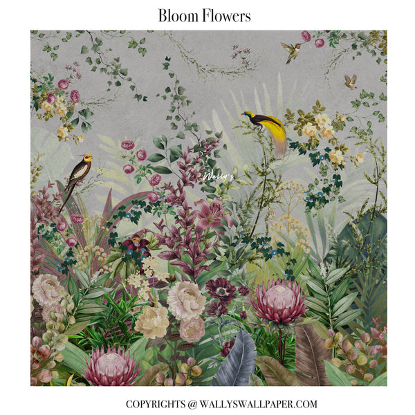 Bloom Flowers wallpaper design featuring a dense botanical illustration with pink protea-like flowers, green foliage, small birds, and soft pastel blossoms on a pale gray background. Text at the top reads 'Bloom Flowers' and copyright text at the bottom reads 'COPYRIGHTS @ WALLYSWALLPAPER.