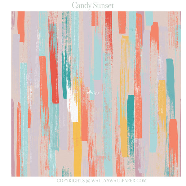 Abstract wallpaper pattern titled 'Candy Sunset' featuring vertical textured brushstrokes in coral, teal, yellow, and light blue on a soft blush pink background.