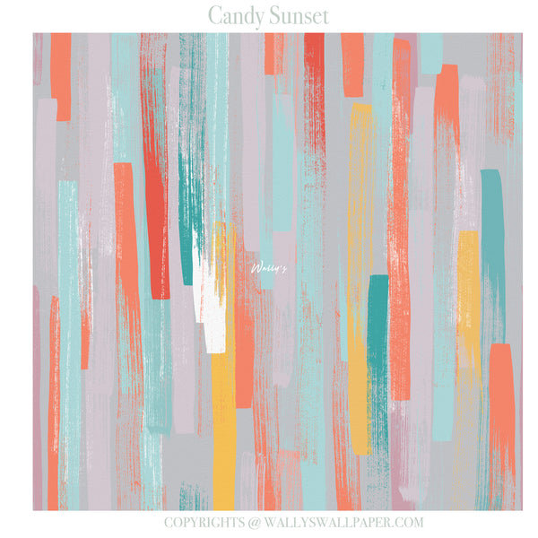 Abstract wallpaper pattern featuring vertical textured brushstrokes in coral orange, teal, light blue, yellow, and lavender-gray on a light gray background, with 'Candy Sunset' text at the top and copyright text at the bottom.