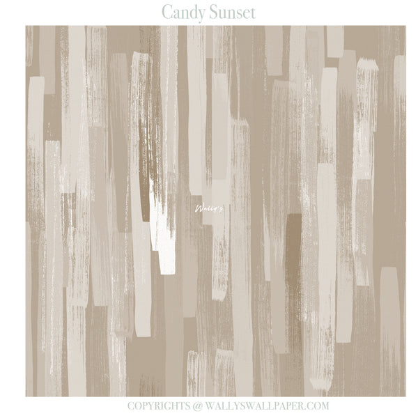 Abstract wallpaper pattern titled 'Candy Sunset' featuring vertical textured brushstrokes in warm beige, taupe, cream, and white tones, with copyright text for Wally's Wallpaper.