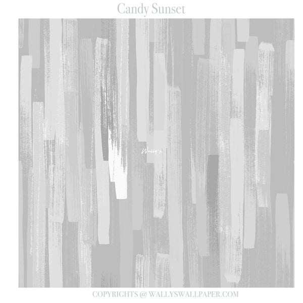 Gray abstract wallpaper pattern with vertical textured brushstrokes in various shades of light gray, white, and charcoal, with 'Candy Sunset' text at the top and copyright text at the bottom.