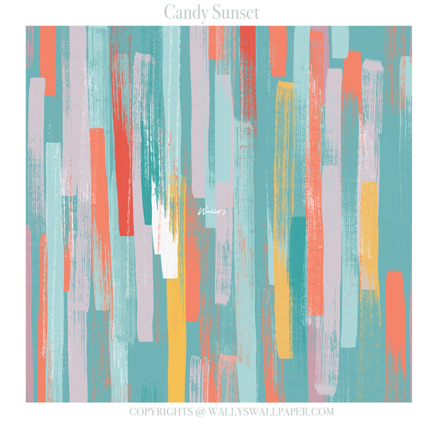 Abstract wallpaper pattern titled 'Candy Sunset' featuring vertical textured brushstrokes in teal, coral, lavender, yellow, and white, with branding text 'Breezes' and 'WALLYSSWALLPAPER.COM' visible.