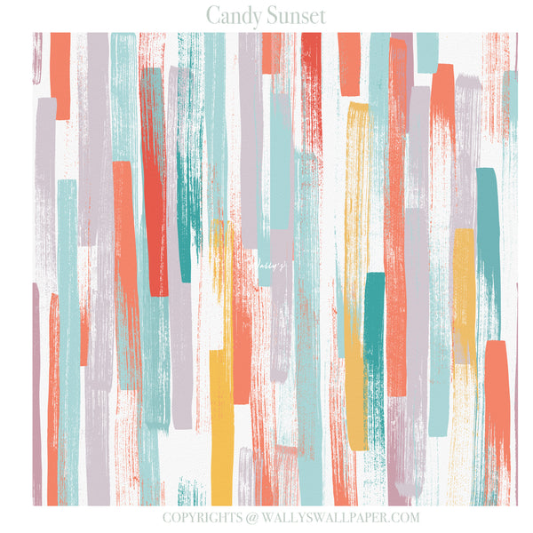 A repeating abstract wallpaper pattern featuring vertical brushstroke stripes in coral orange, teal, lavender, and mustard yellow on a white background, with the text 'Candy Sunset' at the top and copyright text at the bottom.