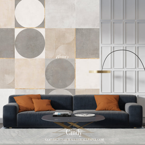 Explore Cindy, a premium wallpaper design featuring geometric shapes with circles and arches in grey, orange, and beige, highlighted by gold stripes. Perfect for adding a modern and stylish touch to your interiors, this wallpaper is one of the best options available in Egypt and the Middle East. Elevate your space with luxury and design.